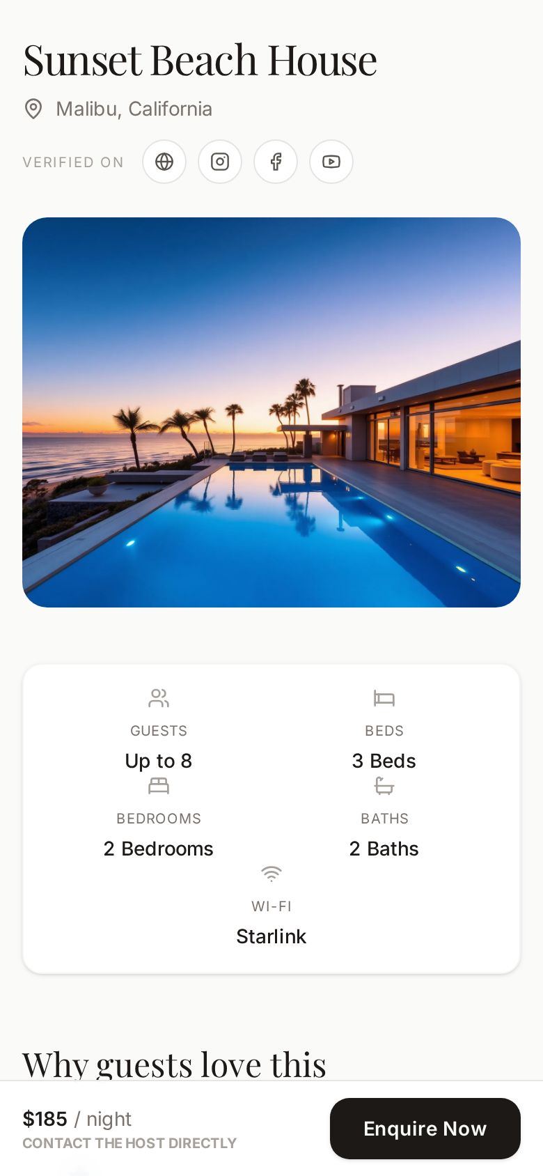 BookMe Direct example listing on a phone
